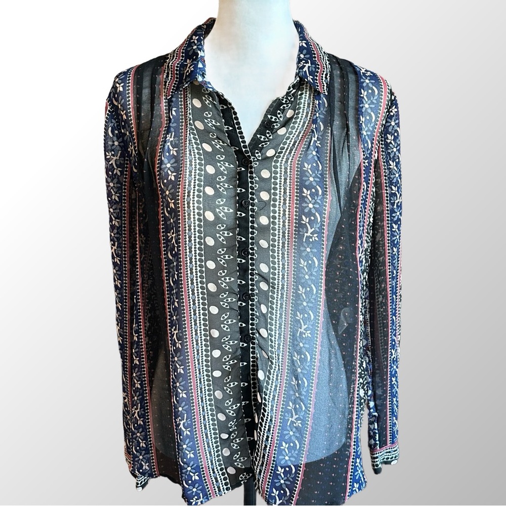 Free People Top Small Sheer Black Floral Button Up Long Sleeve Back Tie Cinching
